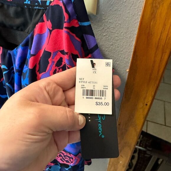 Aqua Green Women's UPF 50 Tiered Tankini Top Multi Floral NWT 1X - Picture 9 of 10